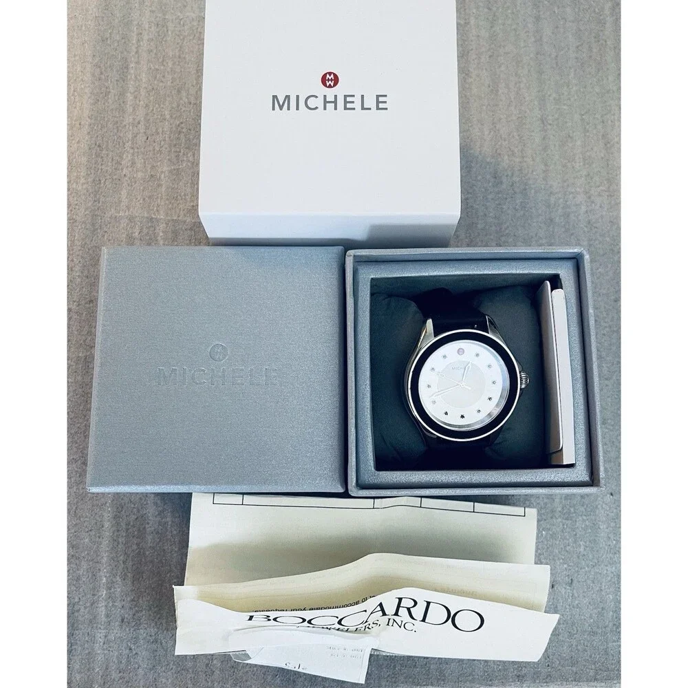 Michele Cape Topaz Watch MWW27A000012 Silver Dial Black Silicone Band Box Paper